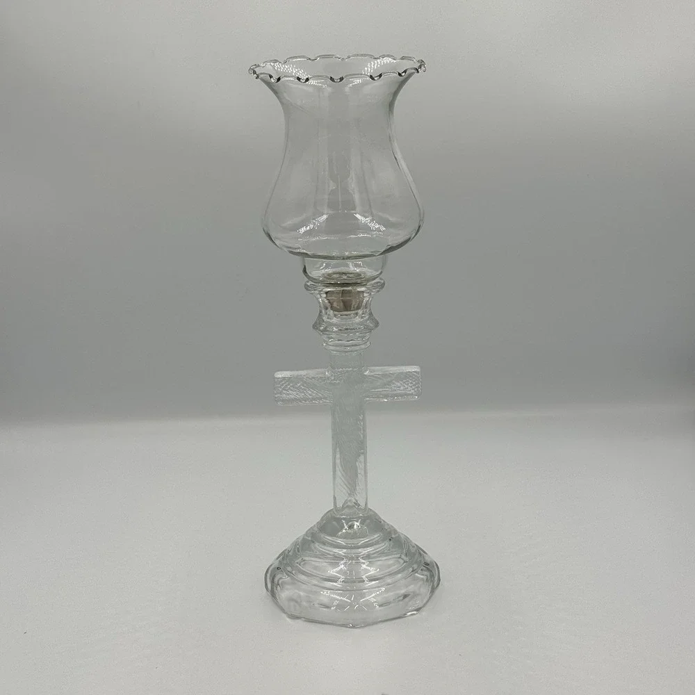 Vintage Homco Glass Jesus On The Cross Candle Holder With Tulip‎